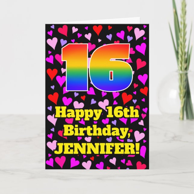 Carte 16e Anniversaire : Motif de cœurs aimants, Arc-en- (Devant)