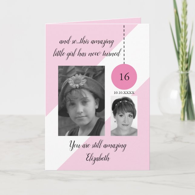Carte 16e anniversaire nom date rose blanc photo (Devant)