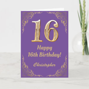 Carte 16e anniversaire Parties scintillant violet et or 