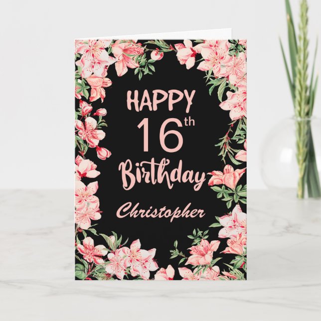 Carte 16e anniversaire Peach rose aquarelle Floral Noir (Devant)