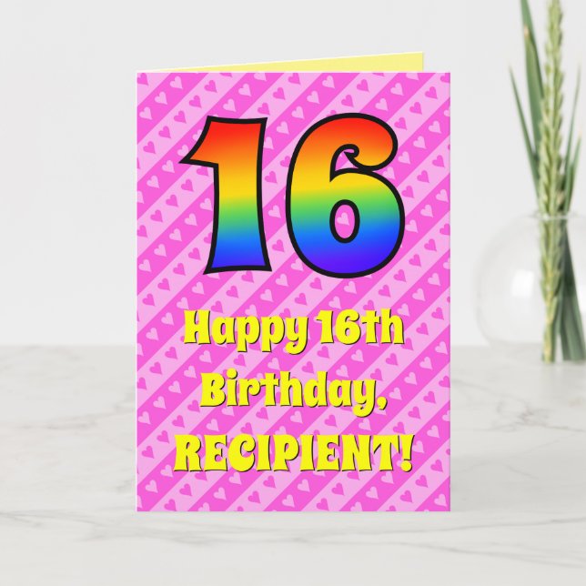 Carte 16e anniversaire : Pink Stripes & Hearts, Arc en c (Devant)