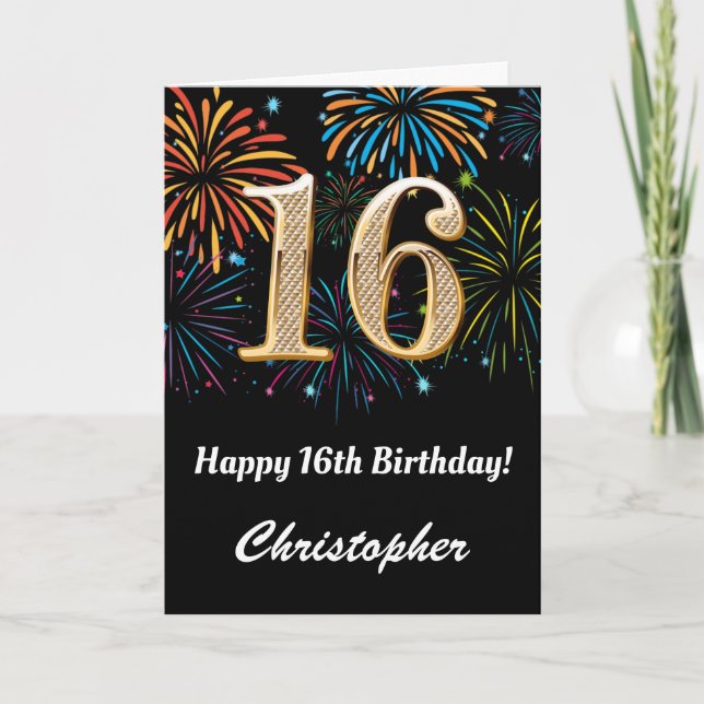 Carte 16e anniversaire Rainbow Fireworks noir et or (Devant)
