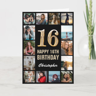 Carte 16e Joyeux anniversaire noir et or Collage photo