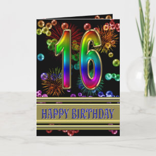 Carte 16ème anniversaire avec bulles arc-en-ciel et feux