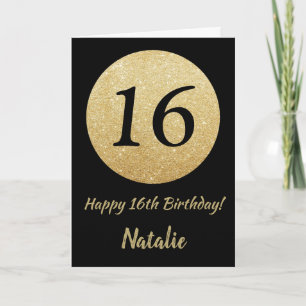Carte 16h Birthday Black and Gold Glitter Card