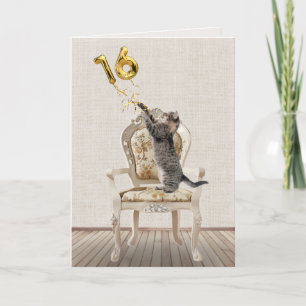 Carte 16th Birthday Balloons and Tabby Cat