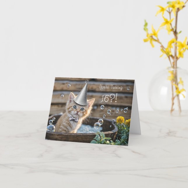 Carte 16th Birthday Cute and Funny Ginger Kitten Tub (Fleur jaune)