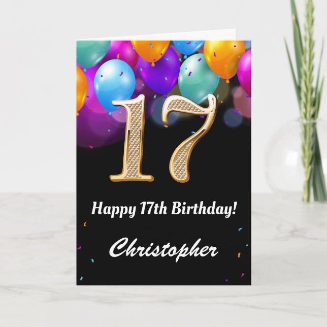 Carte 17e anniversaire Ballons noirs et dorés (Devant)