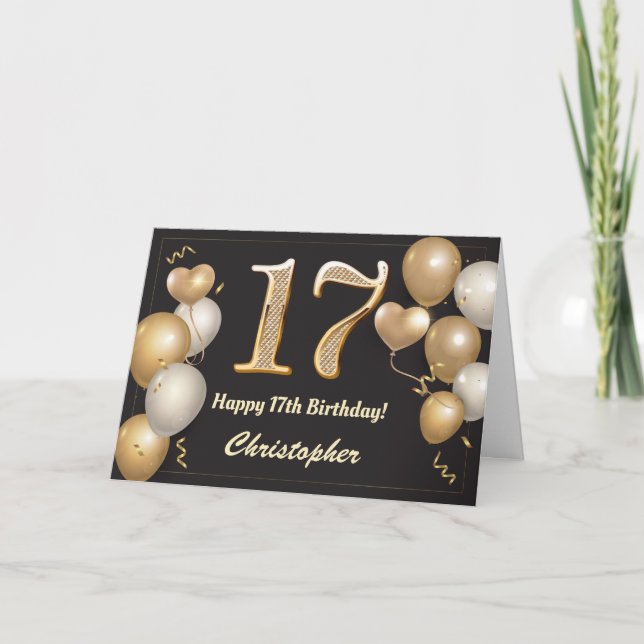 Carte 17e anniversaire Ballons noirs et or Anniversaire (Devant)