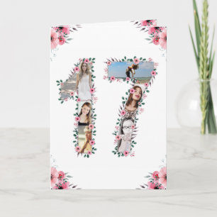 Carte 17e anniversaire Photo Collage Fille Rose Fleur Bl