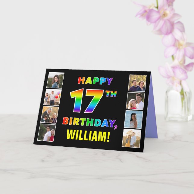 Carte 17e anniversaire : Rainbow Text, Custom Photos & N (Orchidée)
