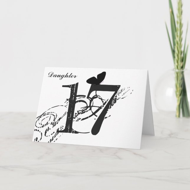 Carte 17èmes anniversaire, fille, papillon, noir et (Devant)