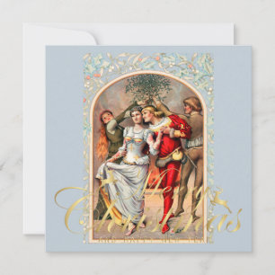 Carte 1886 Couples en costumes médiévaux sous Mistletoe