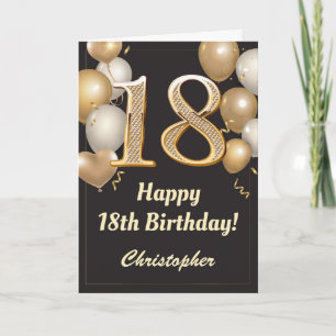 Carte 18e anniversaire Ballons Noir et Or Confetti