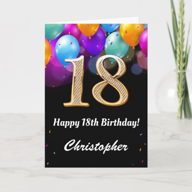 Carte 18e anniversaire Ballons noirs et dorés (Devant)