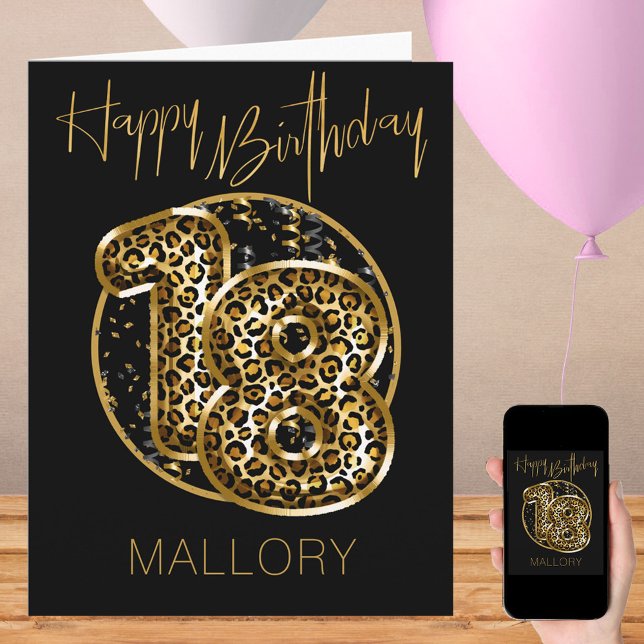 Carte 18e anniversaire Empreinte de léopard Gold Foil Ba (18th Birthday Card with leopard print number 18)