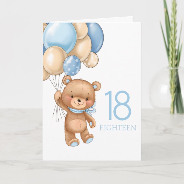 Carte 18e anniversaire mignon ballons bleu garçon teddy  (Devant)