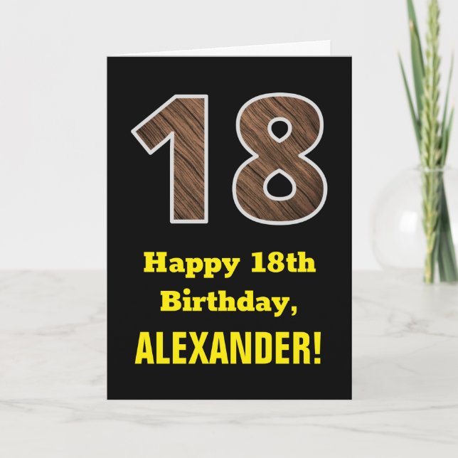 Carte 18e anniversaire : Nom, Motif Faux Wood Grain "18" (Devant)