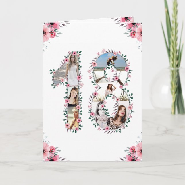 Carte 18e anniversaire Photo Collage Fille Rose Fleur Bl (Devant)