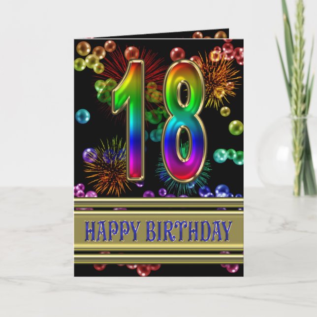 Carte 18ème anniversaire avec bulles arc-en-ciel et feux (Devant)