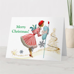 Carte 1950 Vintage femme de Noël avec cadeaux