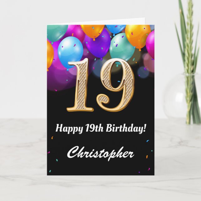 Carte 19e anniversaire Ballons noirs et dorés (Devant)