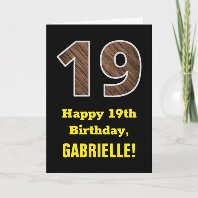Carte 19e Anniversaire : Nom, Motif imitation bois "19" (Devant)