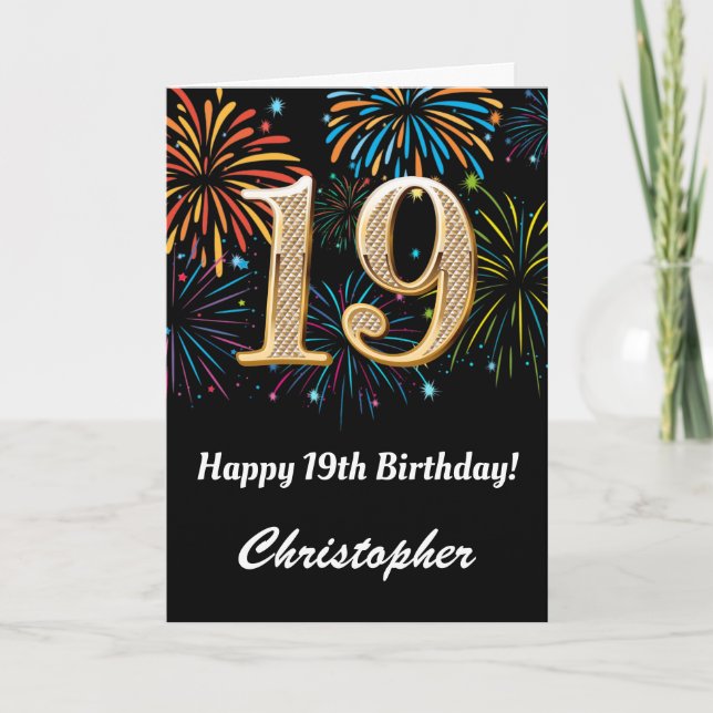 Carte 19e anniversaire Rainbow Fireworks noir et or (Devant)