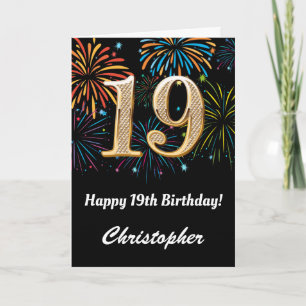Carte 19e anniversaire Rainbow Fireworks noir et or