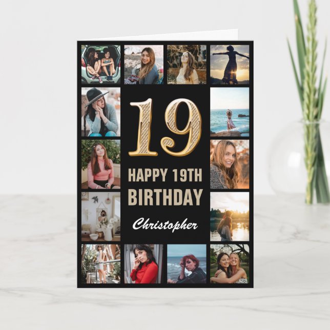 Carte 19e Joyeux Anniversaire Black and Gold Photo Colla (Devant)