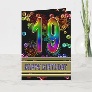 Carte 19ème anniversaire avec bulles arc-en-ciel et feux