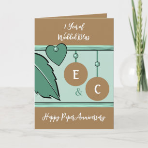 Carte 1 an papier initiales anniversaire vert brun