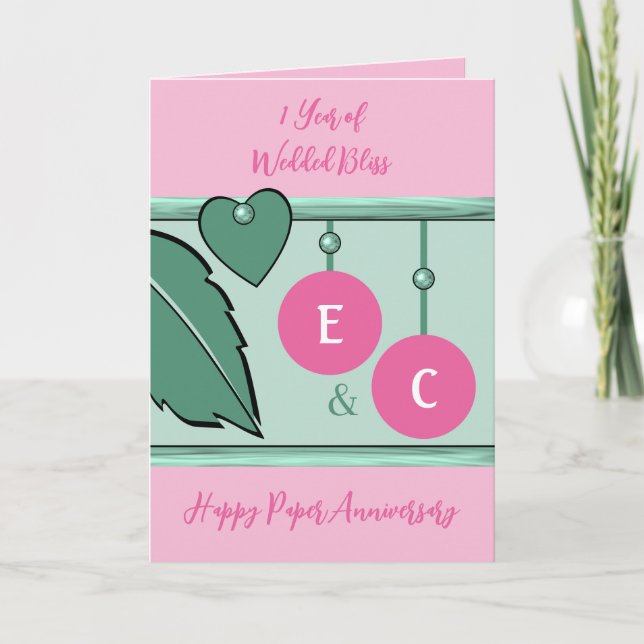 Carte 1 an papier initiales anniversaire vert rose (Devant)