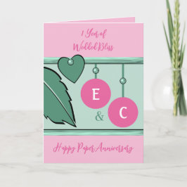 Carte 1 an papier initiales anniversaire vert rose