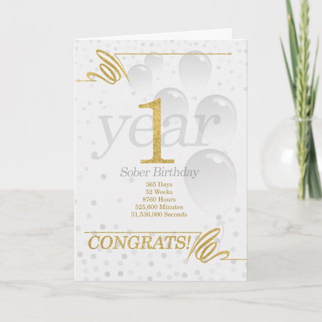 Carte 1 an Sober Anniversaire Faux Gold Parties scintill (Devant)