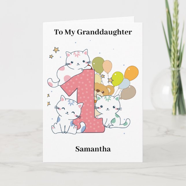 Carte 1Anniversaire Pink One Chats Balloons Petite-fille (Devant)