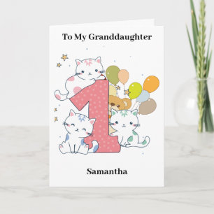 Carte 1Anniversaire Pink One Chats Balloons Petite-fille