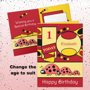Carte 1er anniversaire ajouter nom ladybugs rouge jaune