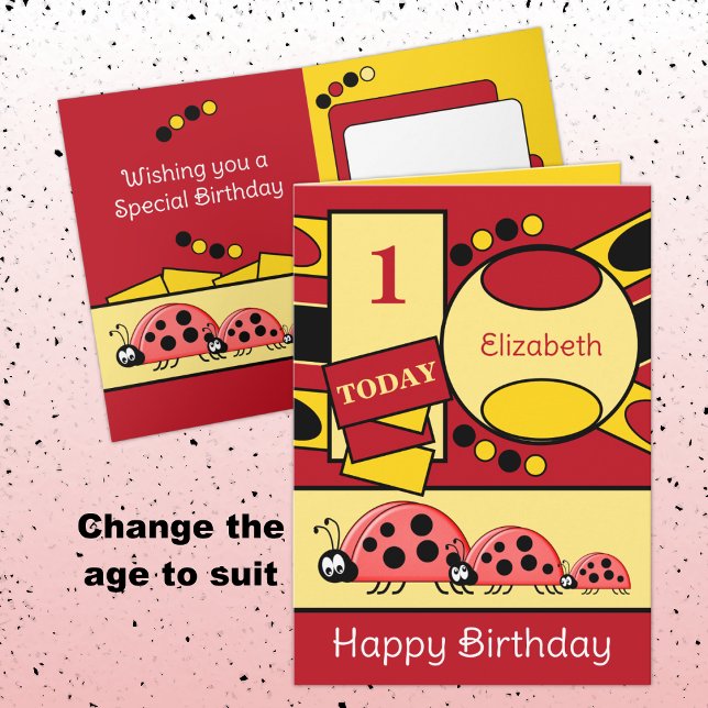 Carte 1er anniversaire ajouter nom ladybugs rouge jaune (Créateur téléchargé)
