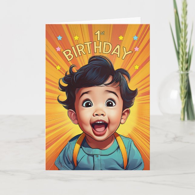 Carte 1er Anniversaire Asiatique Baby Boy in Orange Comi (Devant)