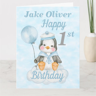 Carte 1er Anniversaire Bébé Penguin Blue Big Card