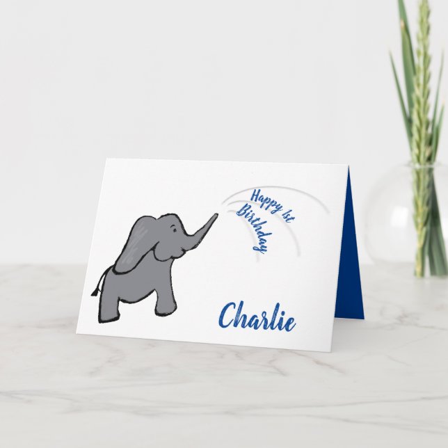 Carte 1er anniversaire éléphant bleu garçon (Devant)