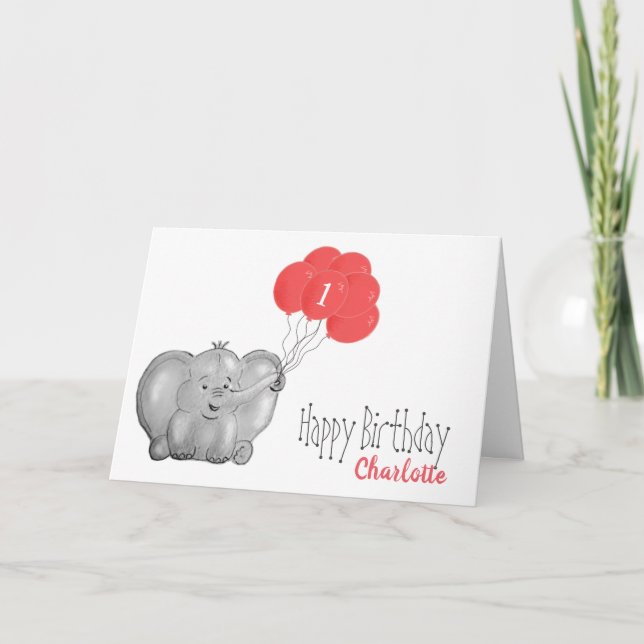 Carte 1er anniversaire éléphant et fille en ballon rose (Devant)