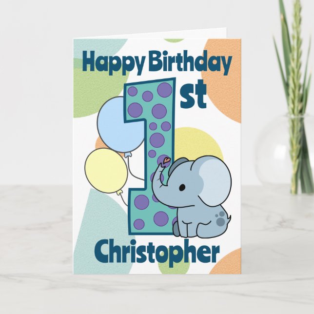 Carte 1er anniversaire Eléphant personnalisé (Devant)
