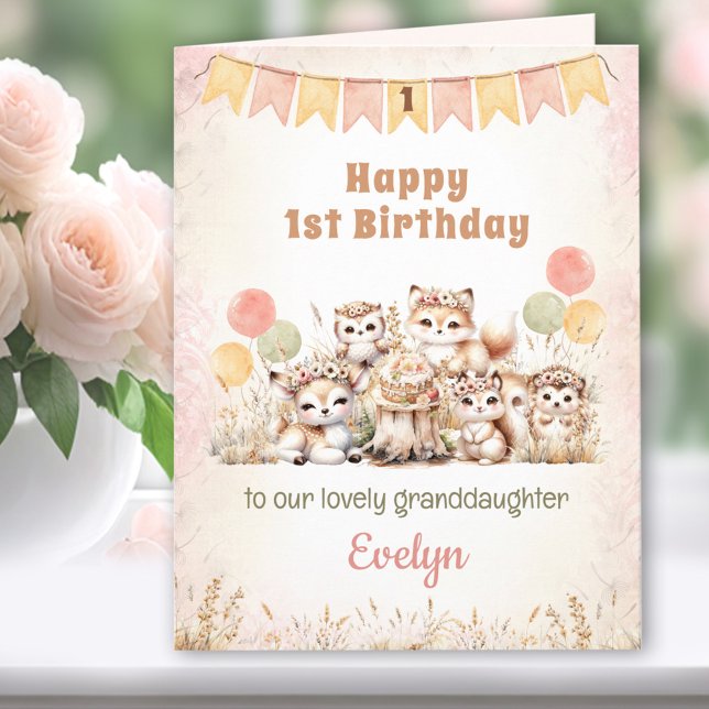 Carte 1er anniversaire Fille Boho rose Boho Bois Animaux (1st Birthday Girl Pink Woodland Animals Card)