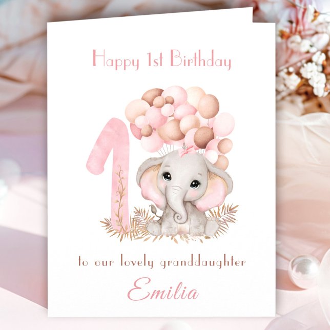 Carte 1er Anniversaire Fille rose mignon Eléphant Ballon (1st Birthday Girl Pink Cute Elephant Balloons Card)