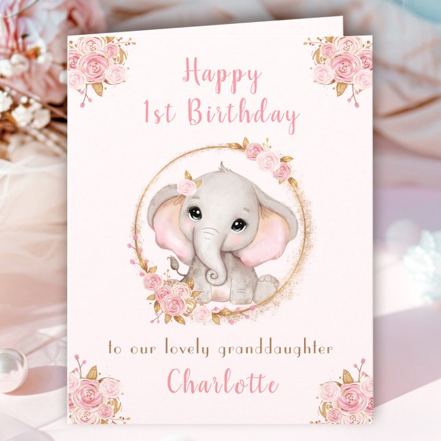 Carte 1er anniversaire fille rose mignon éléphant floral (1st Birthday Girl Pink Cute Elephant Floral Card)