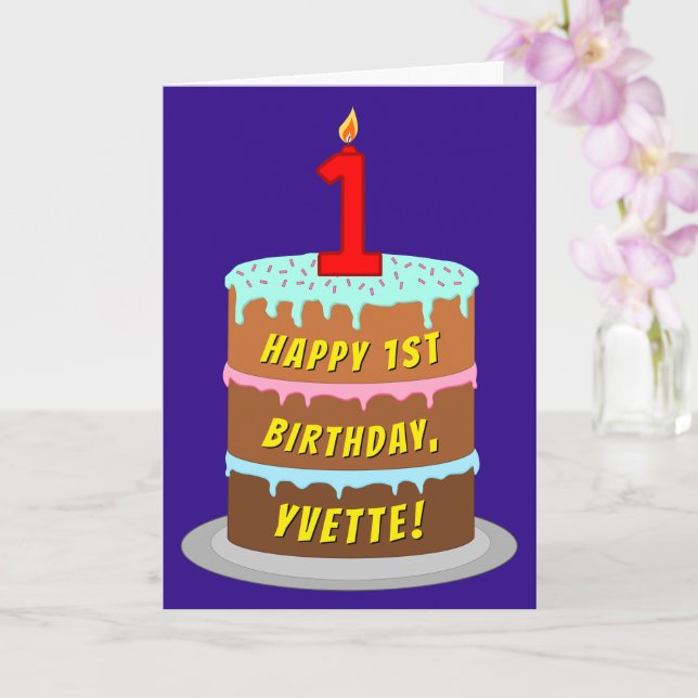 Carte 1er anniversaire : Fun Cake and Candle + Nom perso (Orchidée)