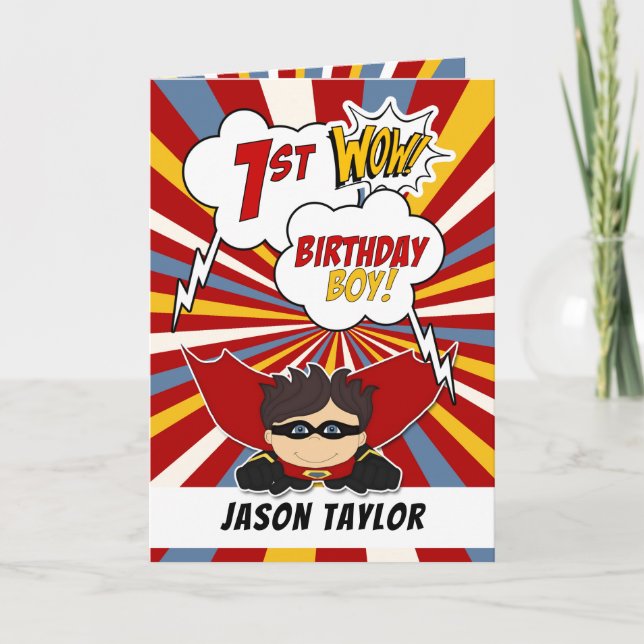 Carte 1er Anniversaire Garçon Superhero Thème de bande d (Devant)