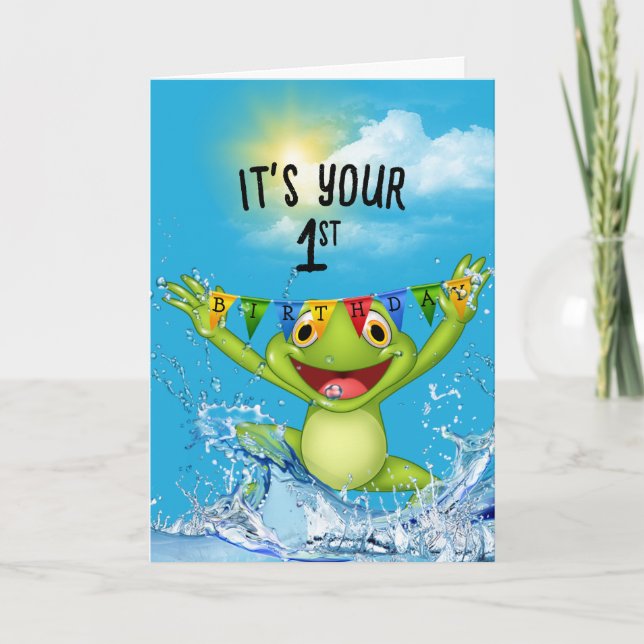 Carte 1er Anniversaire Grenouille de saut dans l'eau (Devant)